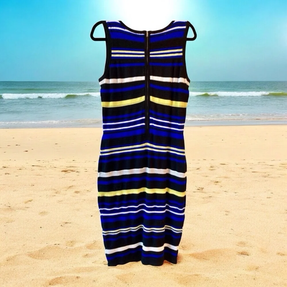 Black Striped Bodycon Dress Large Colorful Designer  NWT - Picture 4 of 7